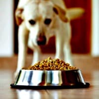 Labrador Retriever with food bowl in front of her